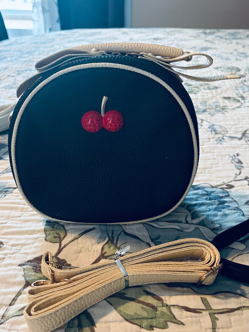 Cherry Accent Round Crossbody Bag - Black and Cream
